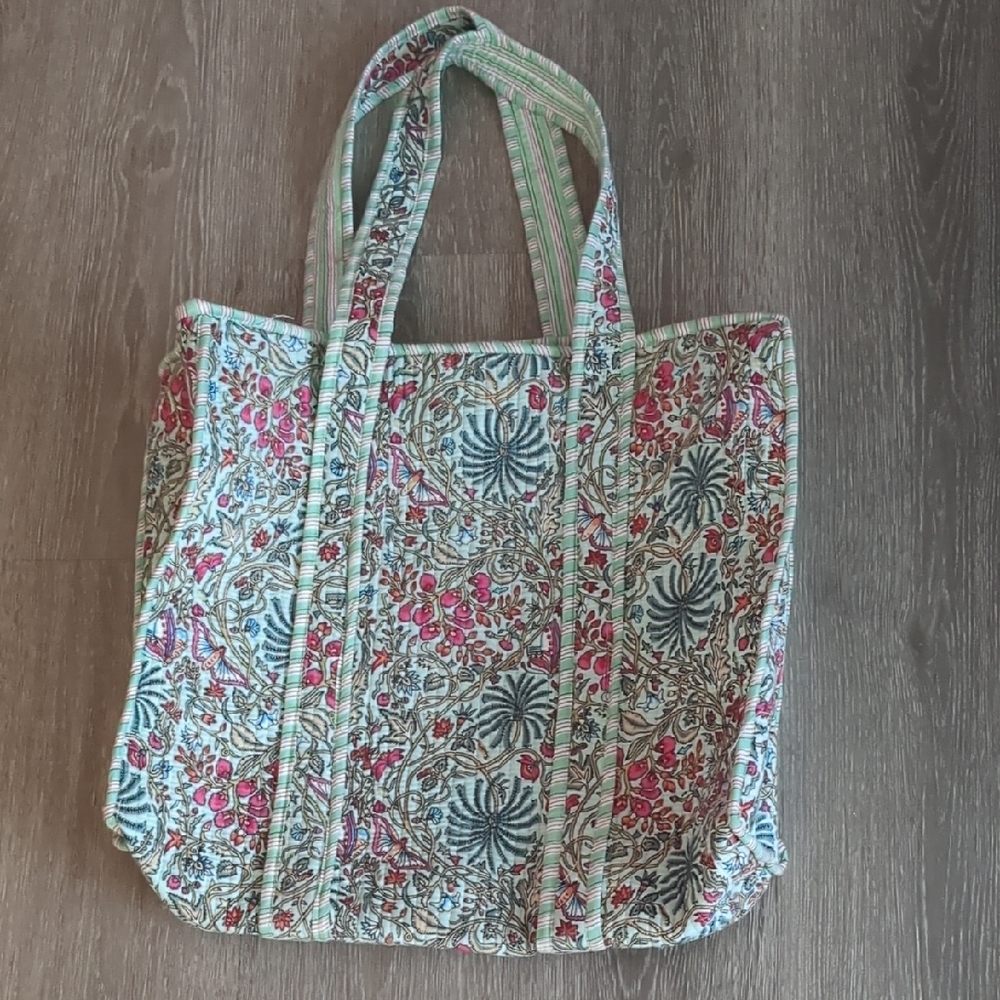 India Block Print Floral Patterned Zipper Tote Bag - Multicolor